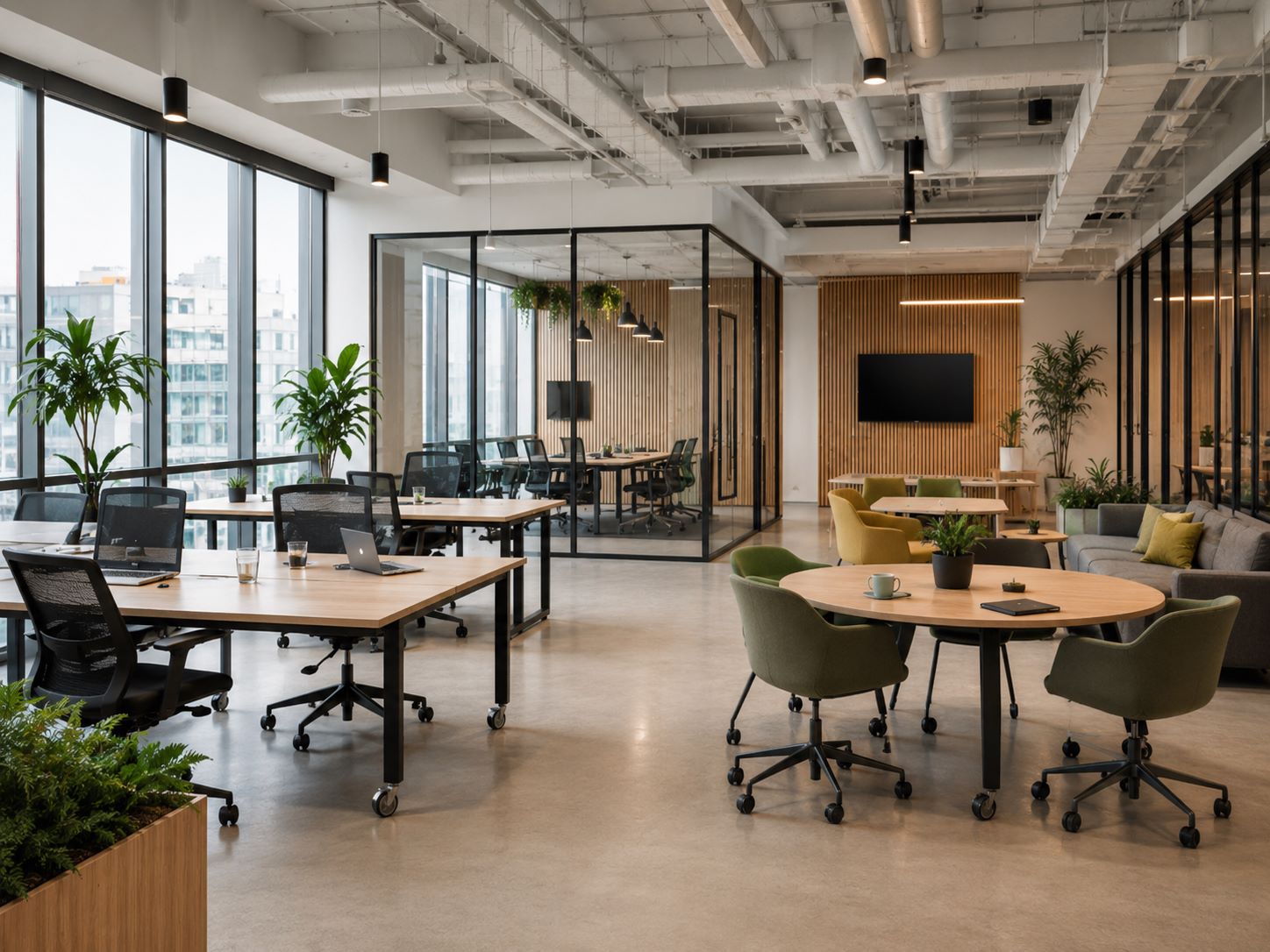 Aménagement de bureau flexible et modulable avec tables mobiles, assises sur roulettes, espace de réunion informel et cloisons vitrées