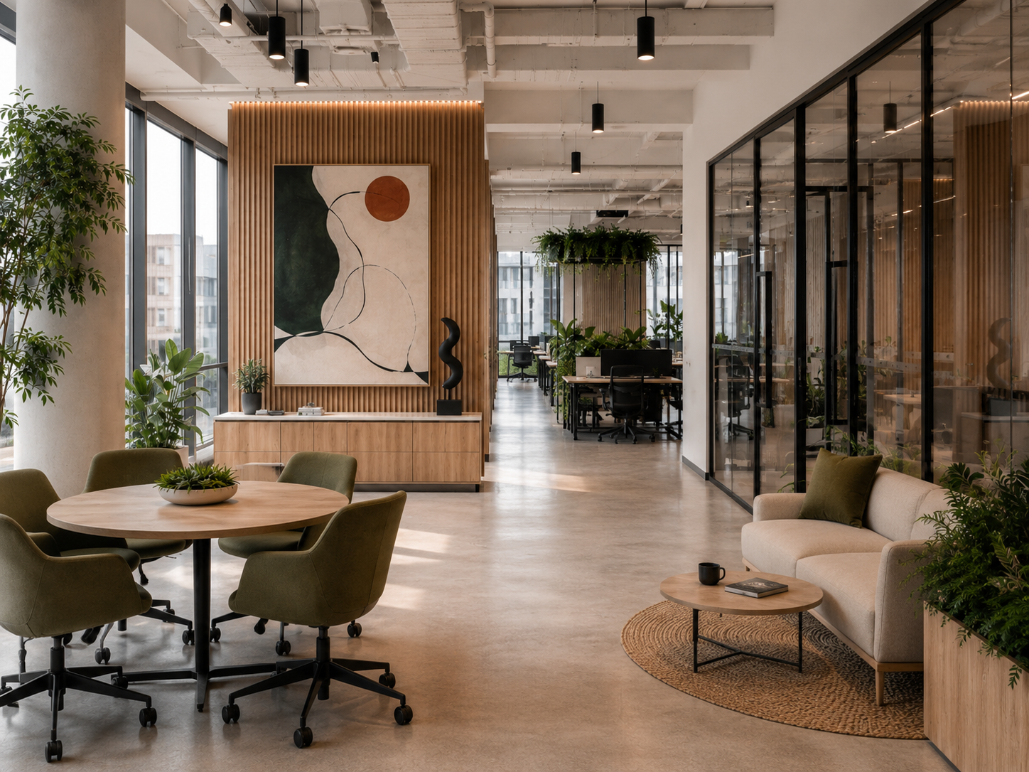 Aménagement de bureau moderne intégrant art mural, décoration corporate raffinée, espace collaboratif et circulation fluide