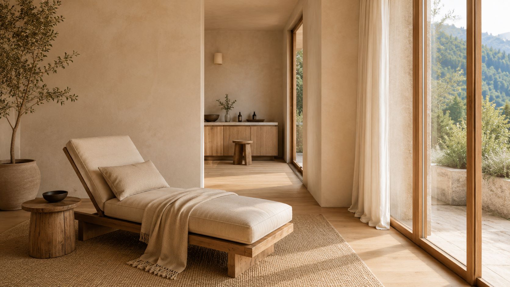 Coin détente minimaliste avec chaise longue beige