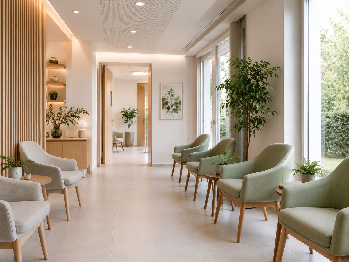 Décoration de salle d’attente médicale apaisante avec couleurs douces, bois clair, plantes et lumière naturelle