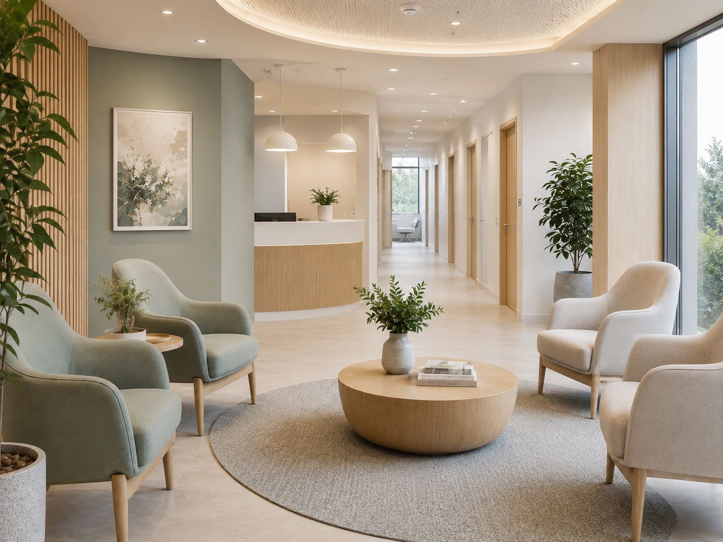 Décoration de salle d’attente médicale moderne avec couleurs apaisantes, plantes naturelles, mobilier confortable et accueil de cabinet médical