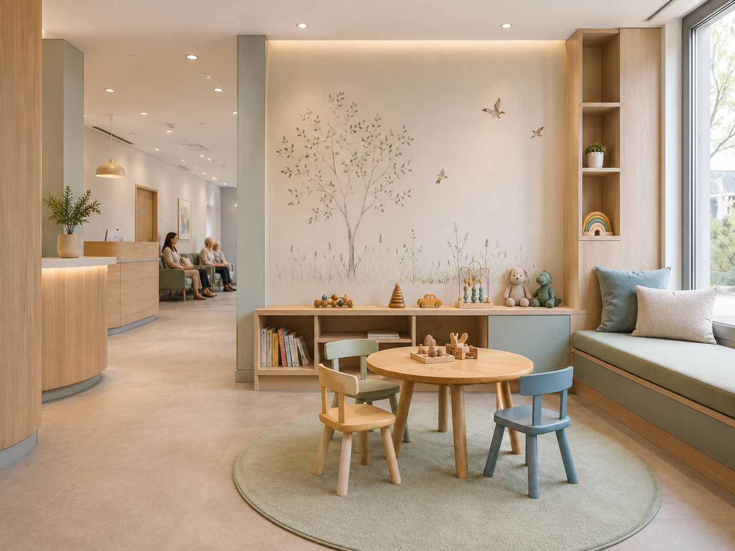 Espace d’attente pour enfants en cabinet médical avec mobilier adapté, jeux, livres et ambiance rassurante