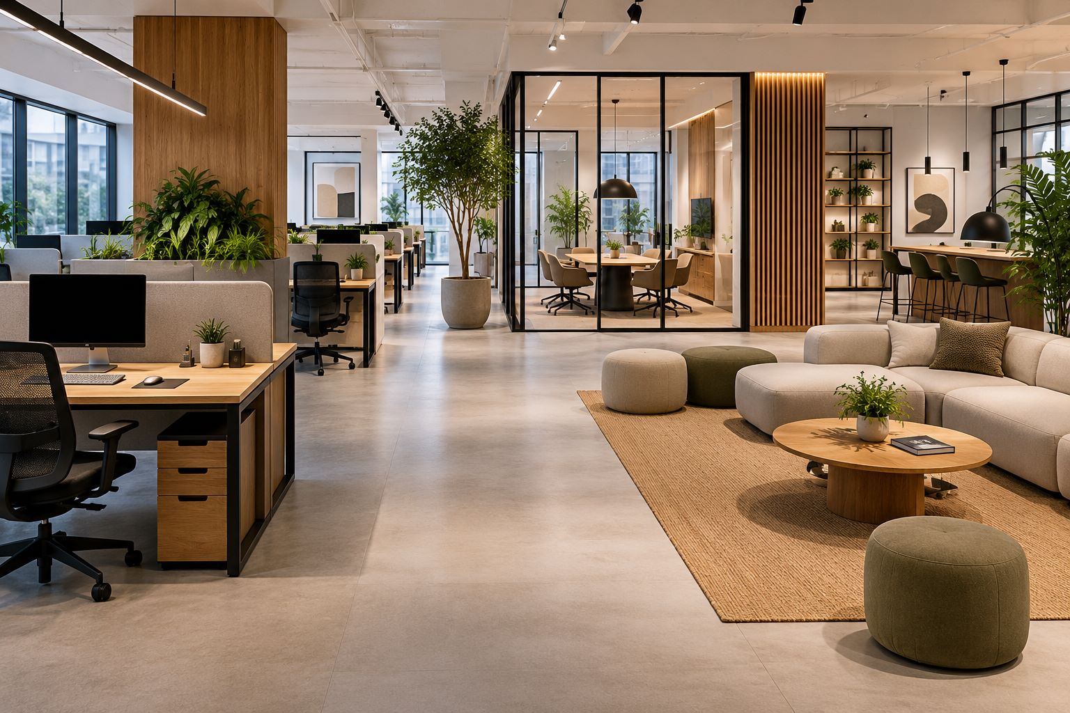 Zonage intelligent d’un espace de travail ouvert avec bureaux partagés, salle de réunion vitrée, coin détente et mobilier modulable