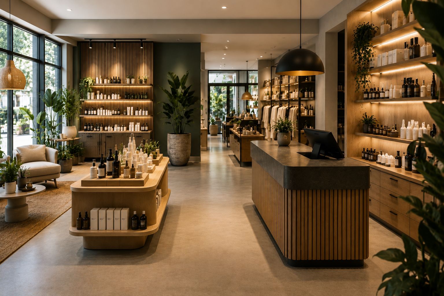Design commercial rentable avec boutique moderne, éclairage optimisé, parcours client fluide et agencement favorisant les ventes