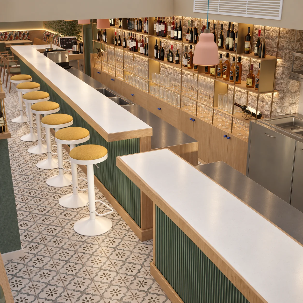 Visualisation 3D retravaillée du comptoir et de l’ambiance méditerranéenne de L’Aperitivo